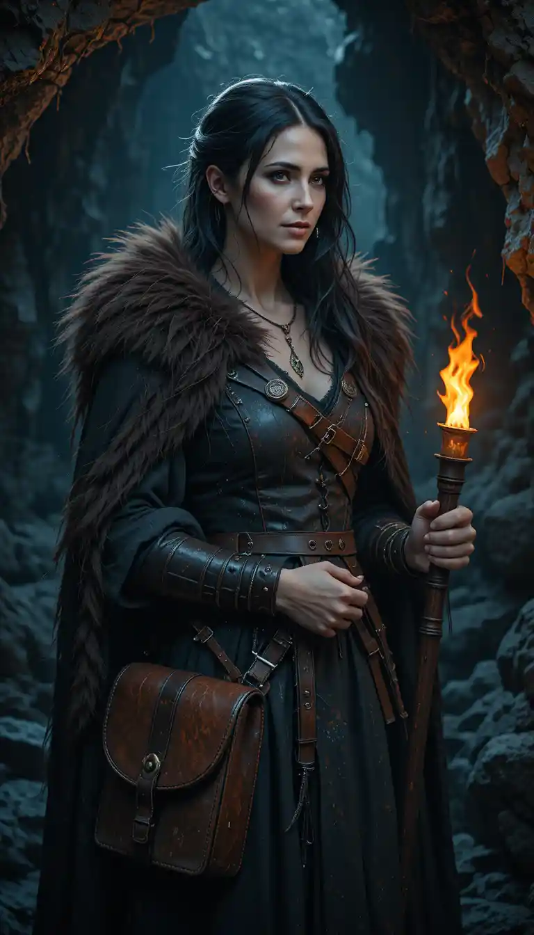 Medieval maiden with torch in a dim cave passage