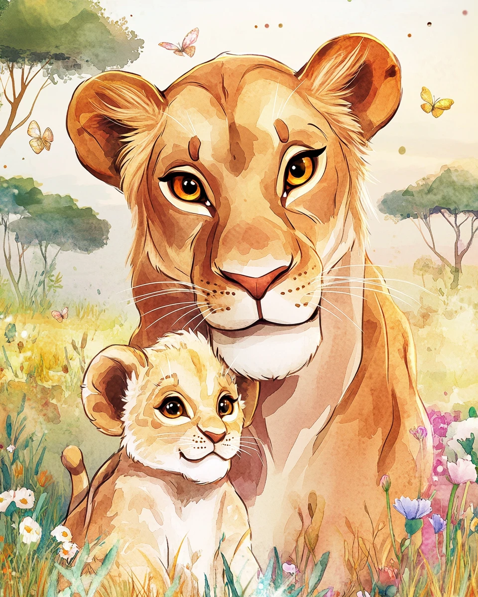 Leoa mãe e filhote brincalhão em suave savana em aquarela