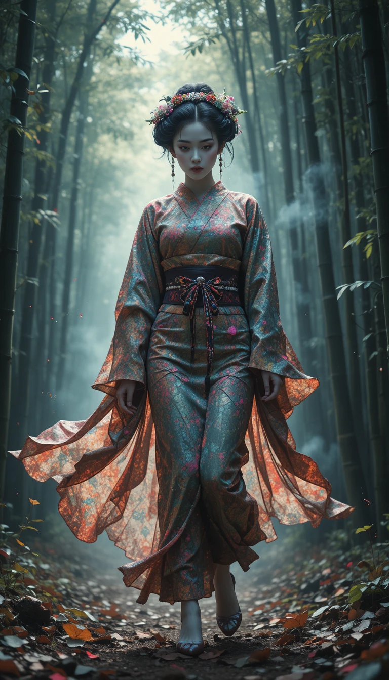 Geisha glitcheada caminando por un bosque de bambú de ensueño
