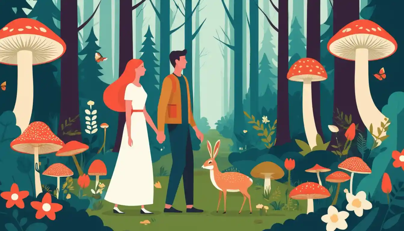 Couple Picking Mushrooms In A Wildflower Forest