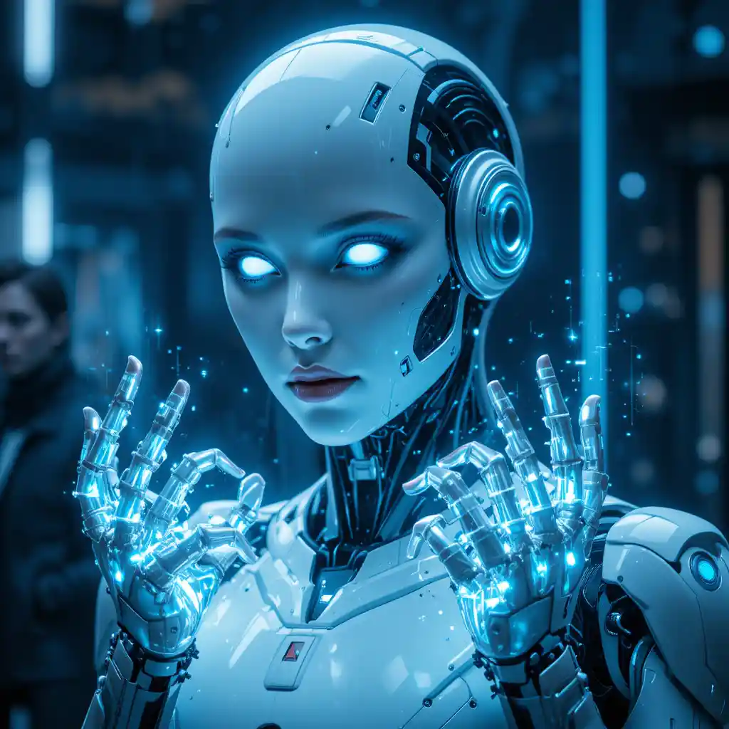 Futuristischer humanoider Roboter mit blauen Augen und Hologrammen