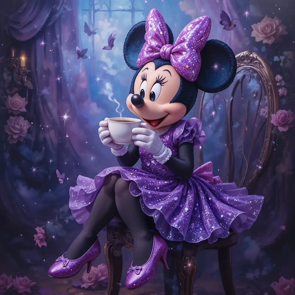 Rato de desenho animado de vestido roxo tomando café na cadeira