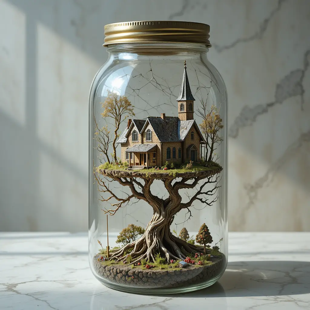 Miniature house and church in a glass jar on a tree