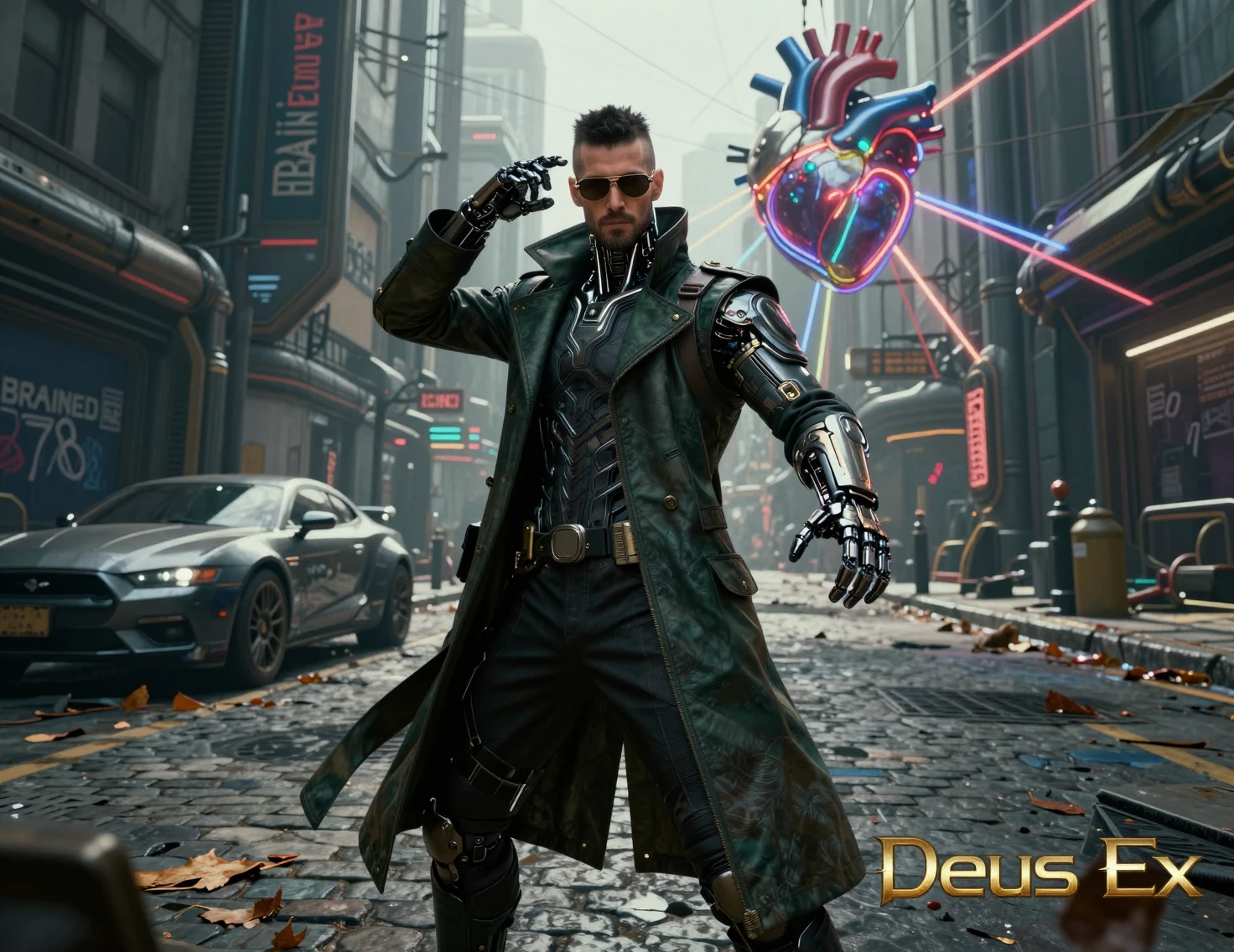 Detective aumentado posando en una calle cyberpunk sórdida
