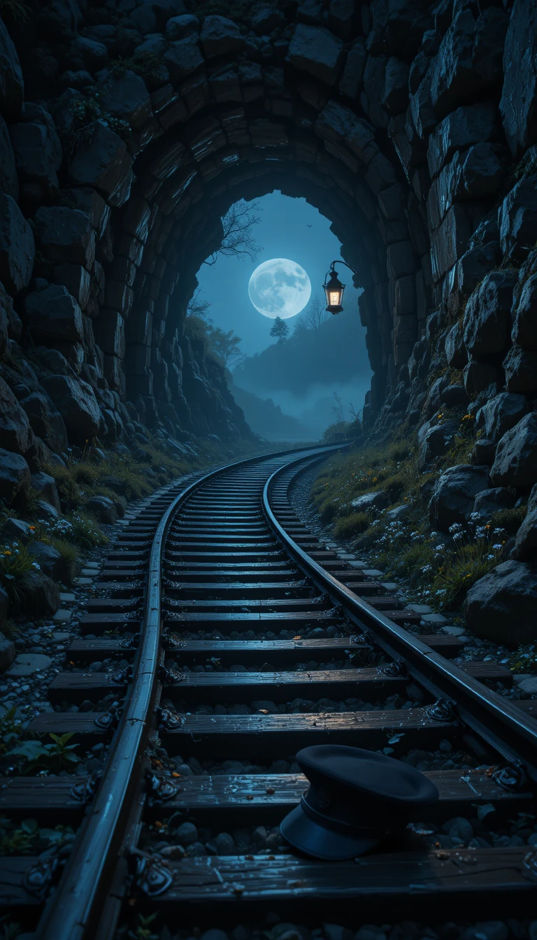 Solitaria curva ferroviaria sul pendio nella nebbia al chiaro di luna