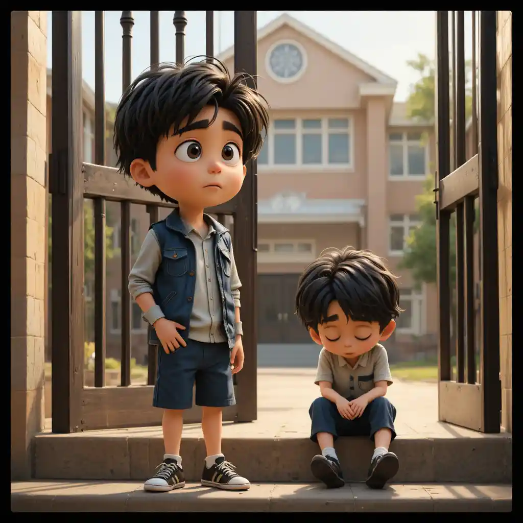 Due ragazzi al cancello della scuola in un delicato stile cartoon 3D