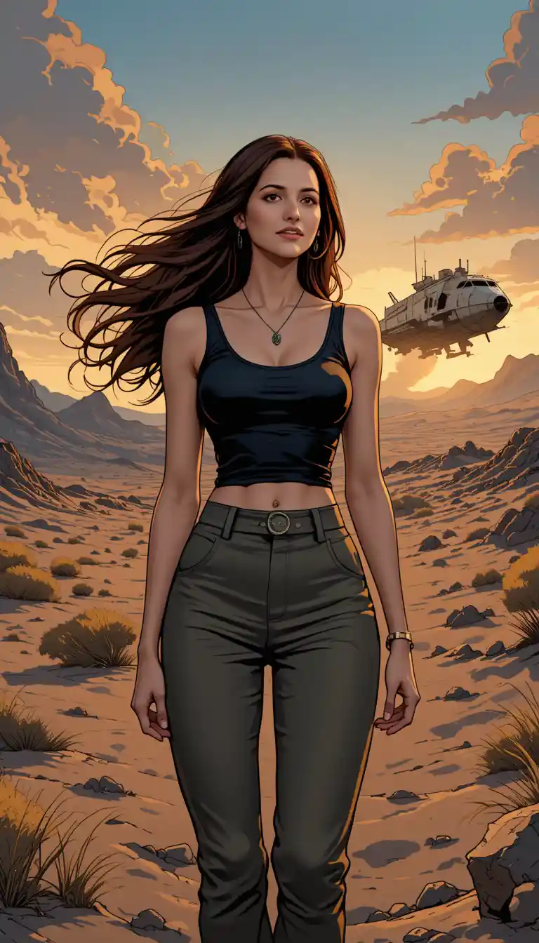 Woman Watching Distant Wrecked Spaceship On Alien Plain