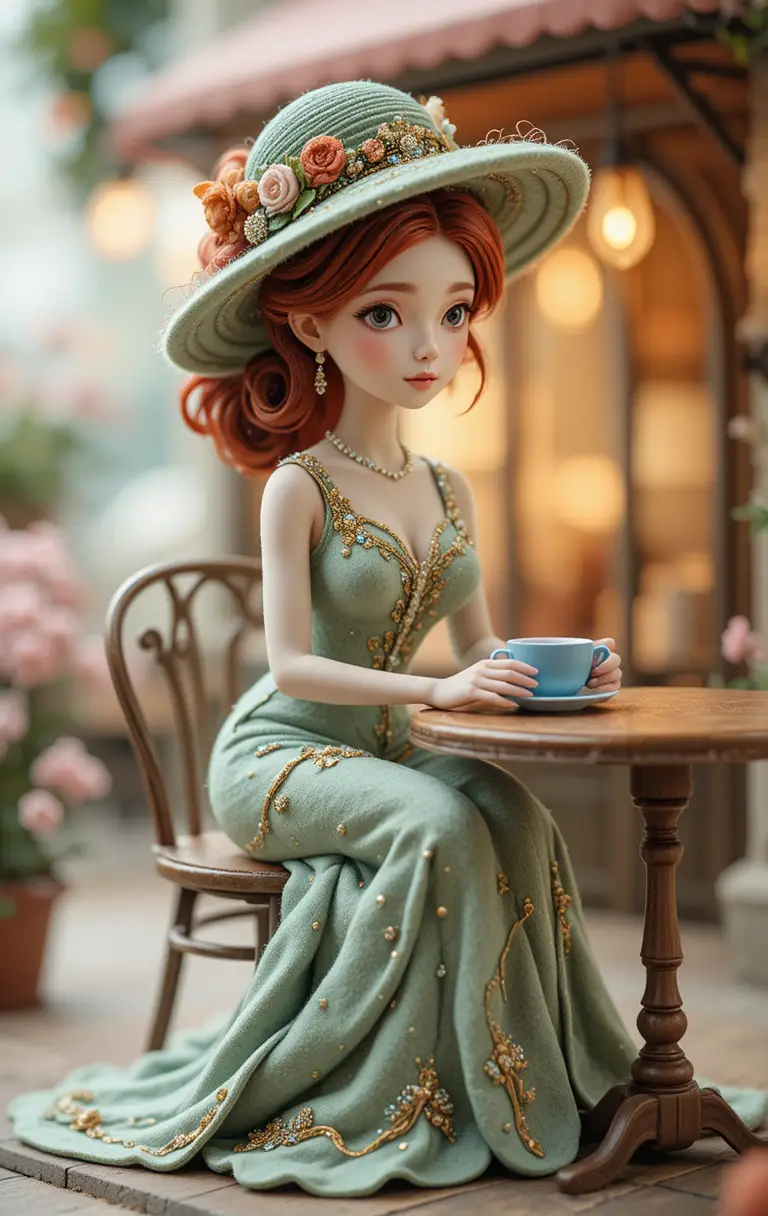 Elegante Filzfrau an einem winzigen Café-Tisch
