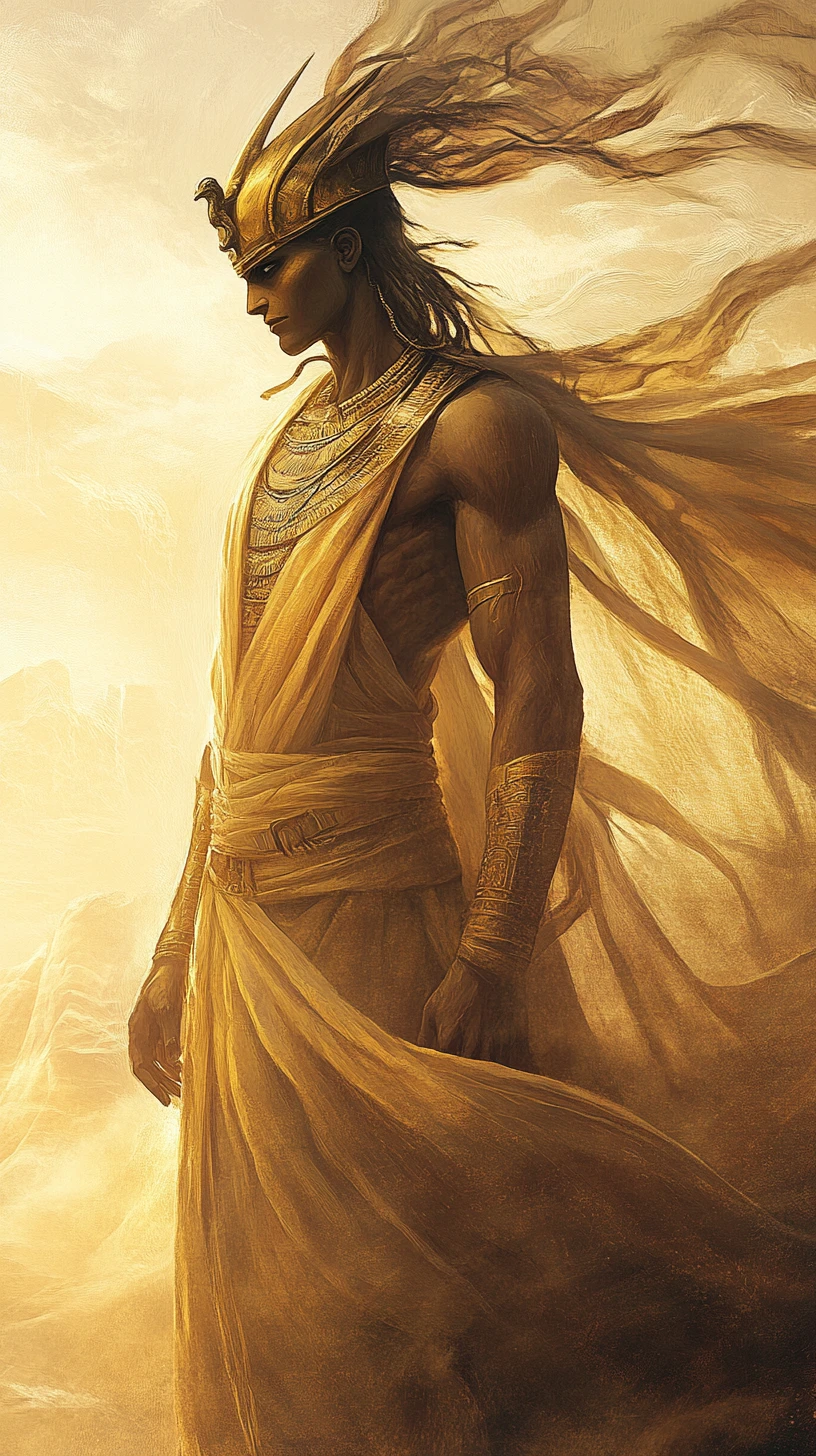 Ancient Egyptian pharaoh in a storm of swirling desert sand