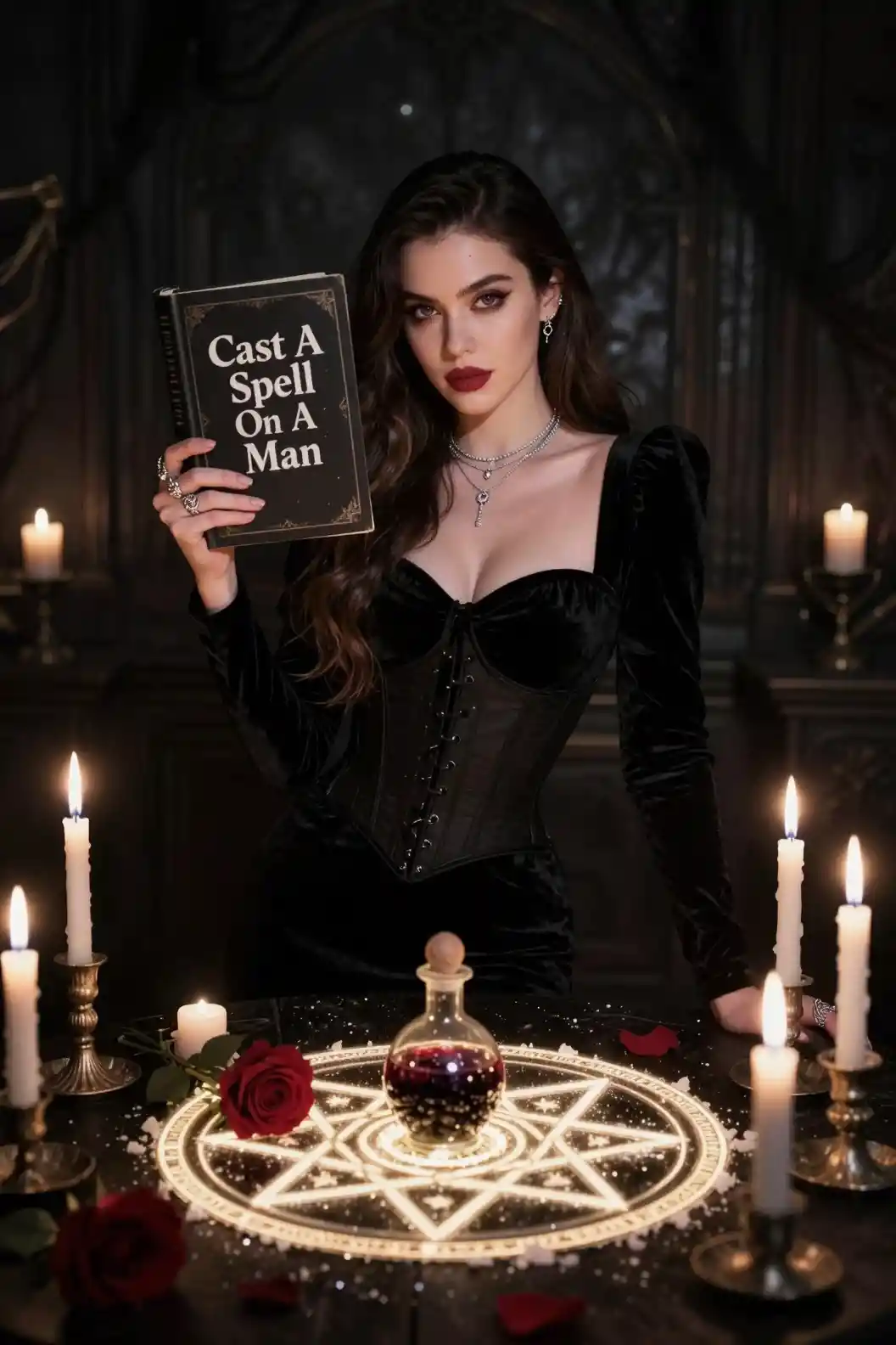 Femme pâle en noir lançant un sort à la lueur des bougies