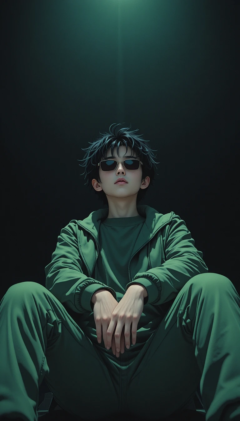 Garoto de anime de verde inclinando-se em direção a uma câmera em ângulo baixo