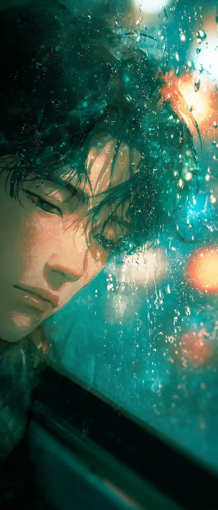 Teenage boy resting on rain soaked night bus window