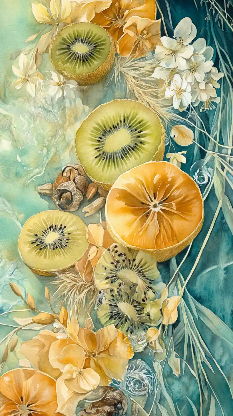 Watercolor Still Life Of Fruits With Blossoms And Grasses