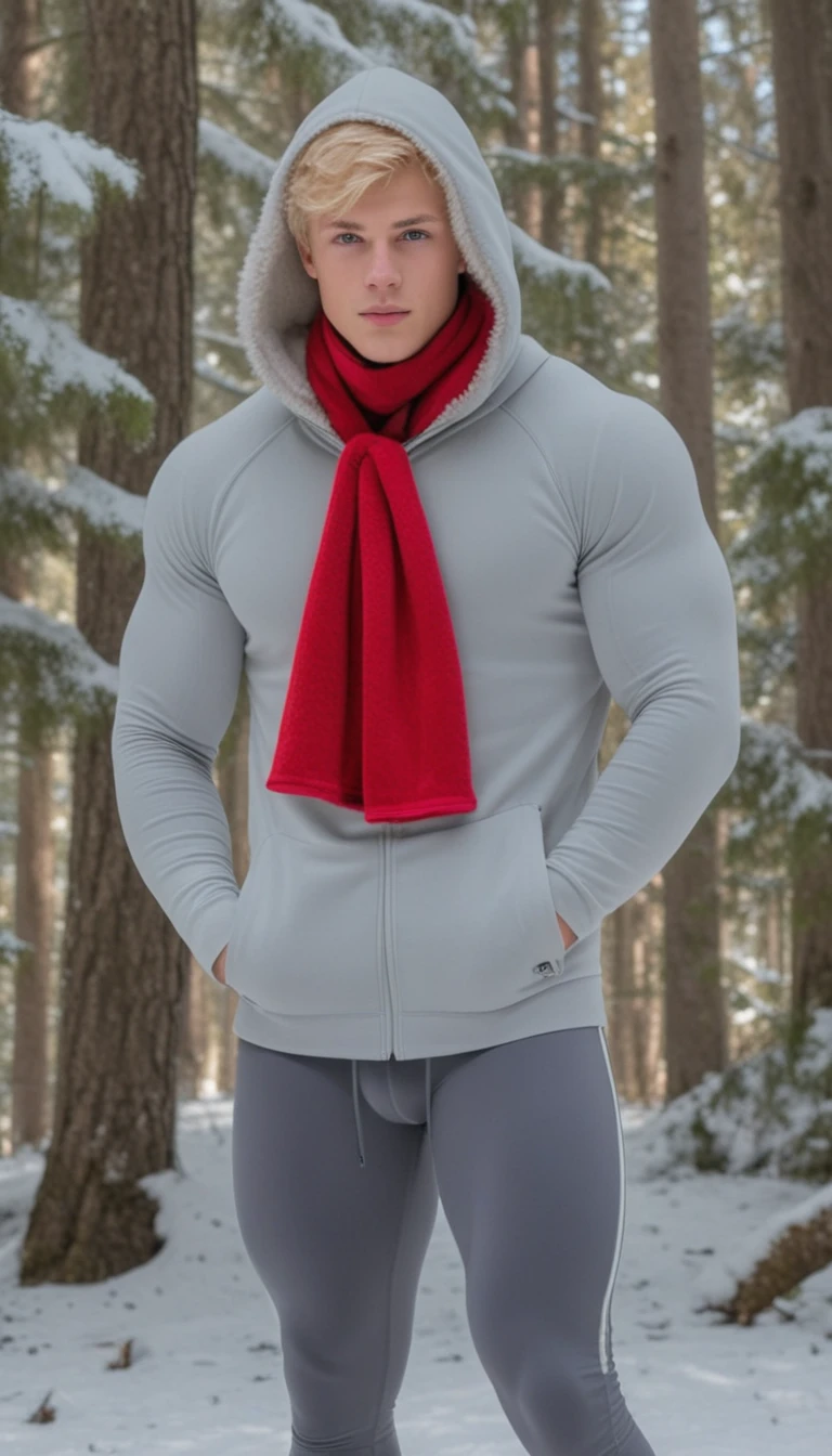 Giovane biondo in collant in una foresta invernale innevata