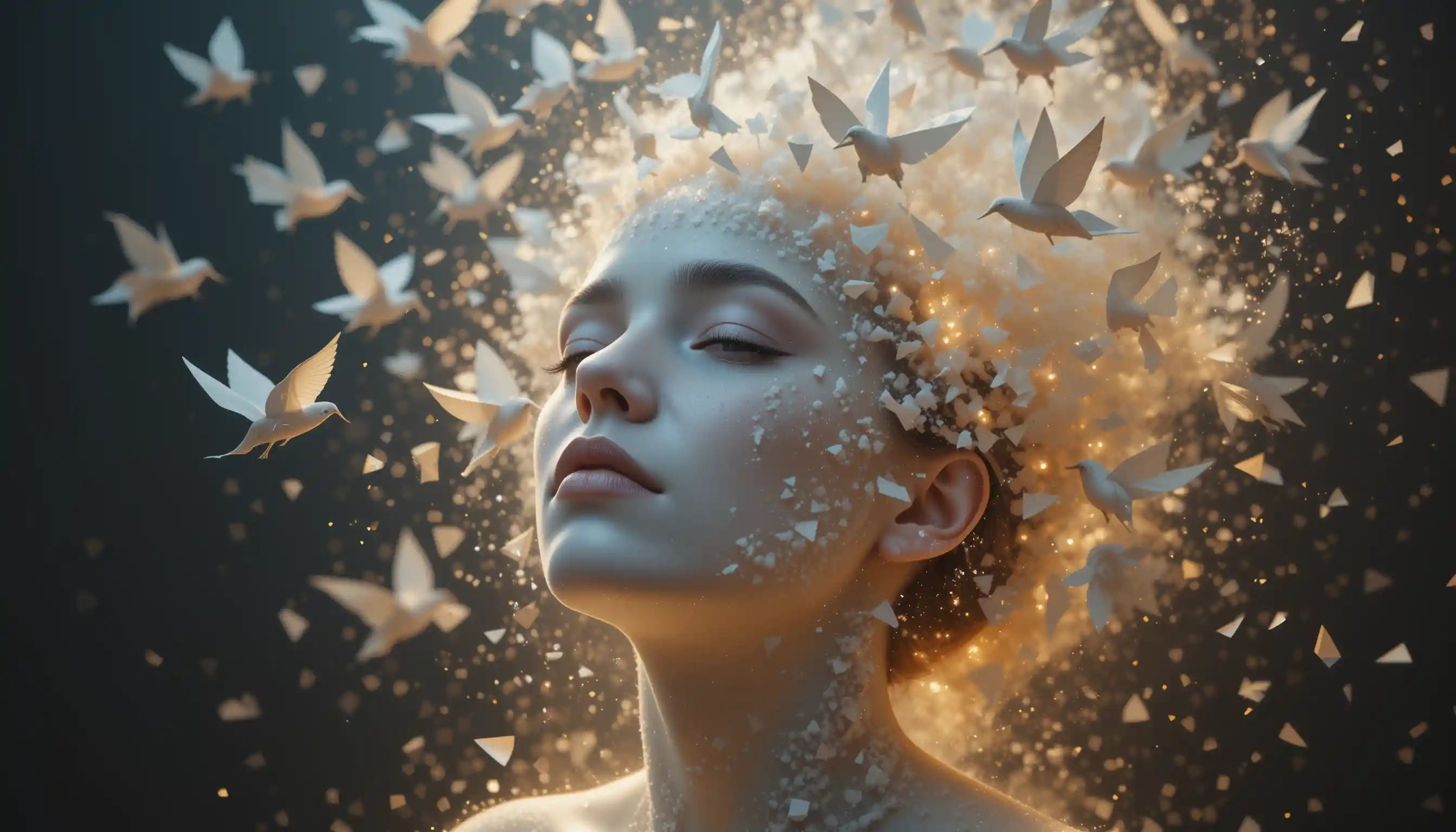Surreal woman dissolving into birds and glowing dust