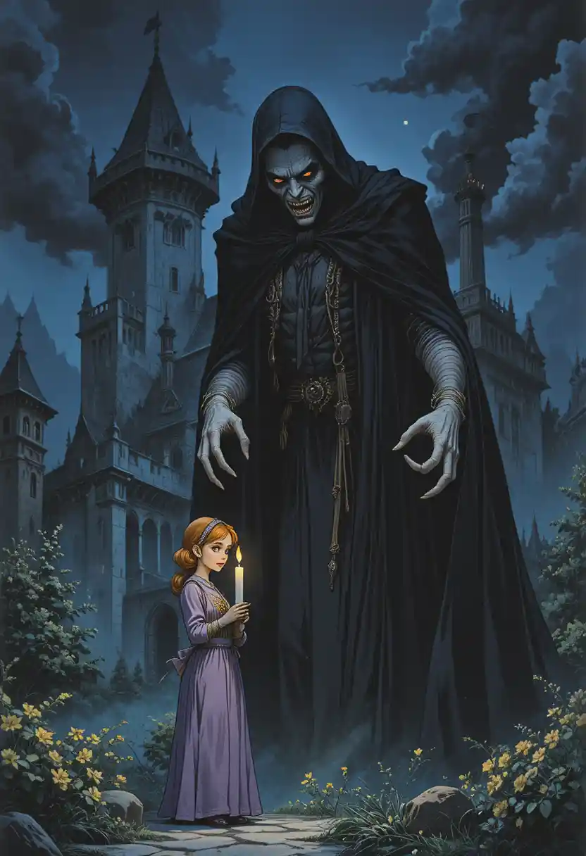 Vampiro esquálido pairando sobre mulher com vela no castelo