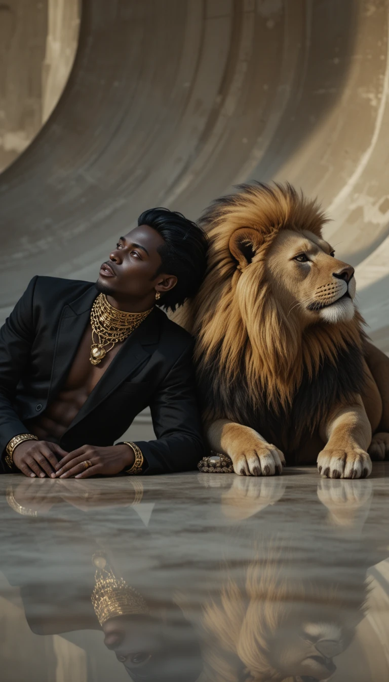 Afrofuturist man reclining with lion in cinematic light