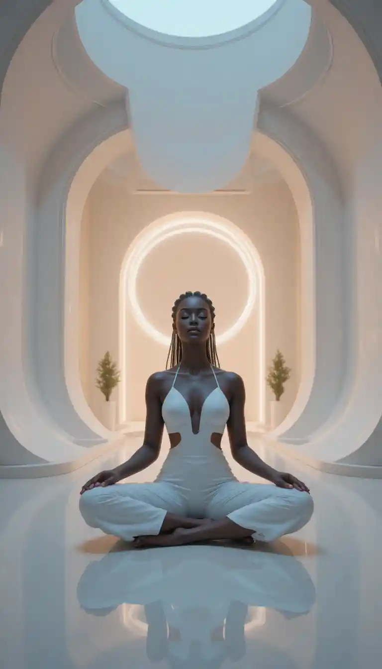 Mulher afrofuturista calma meditando em um interior minimalista