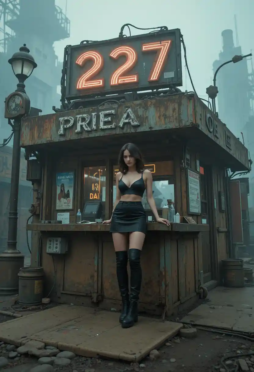 Mulher em viela de bar neon em cidade cyberpunk enevoada