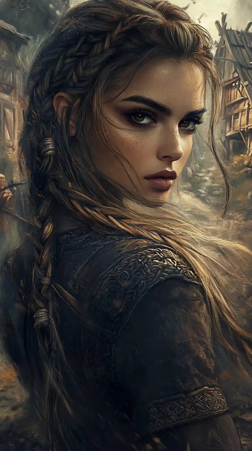 Femme d’inspiration viking aux tresses dans un village rustique