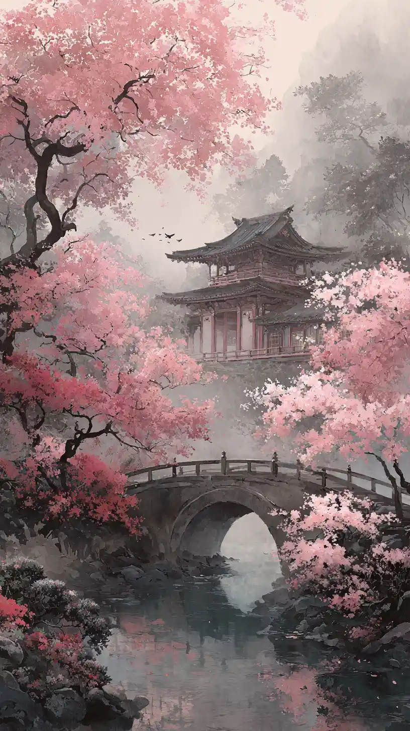 Ancient Japanese Temple Among Cherry Blossoms And Mist