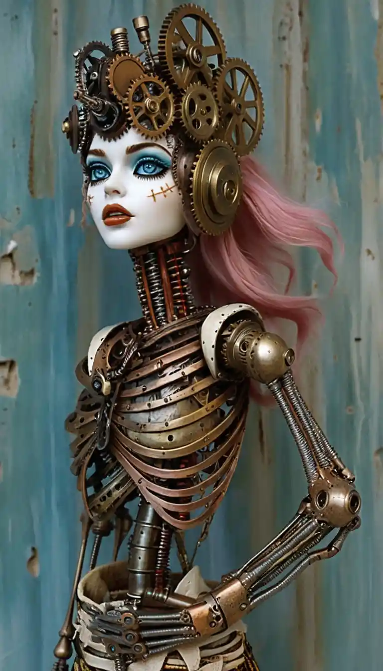 Steampunk gothic ragdoll woman in side profile view