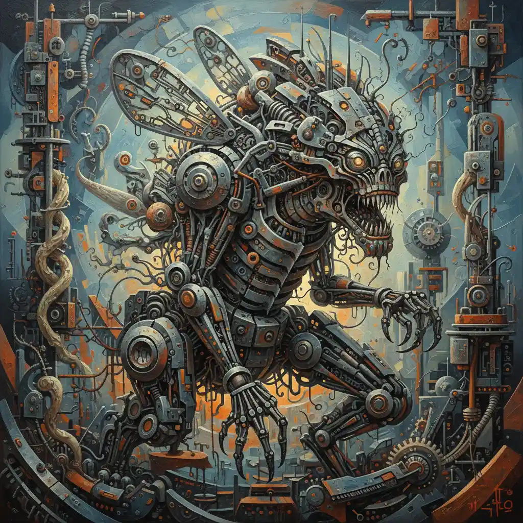 Surreal biomechanical creature in a cubist fantasy painting