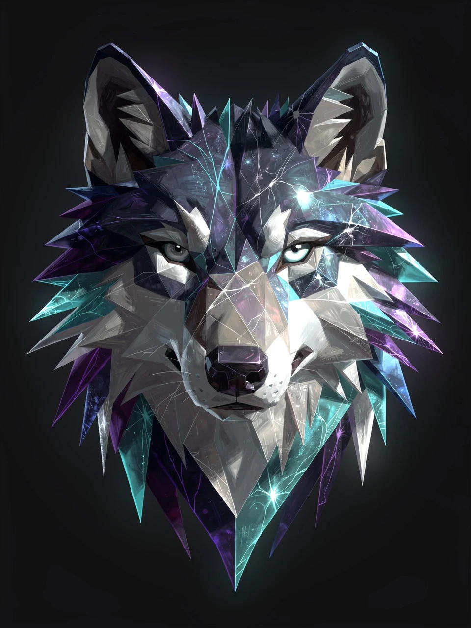 Retrato abstrato geométrico de lobo com planos cristalinos luminosos