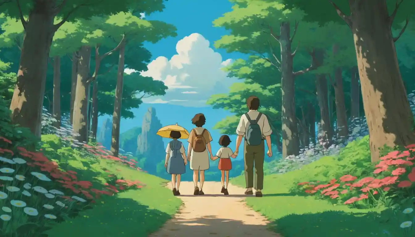Familie, die in einem Wildblumenwald spaziert – Flat Illustration