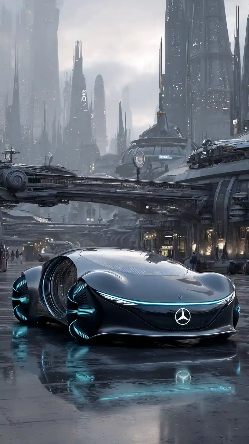 Carro Conceito Futurista Preto Flutuando Sobre a Cidade