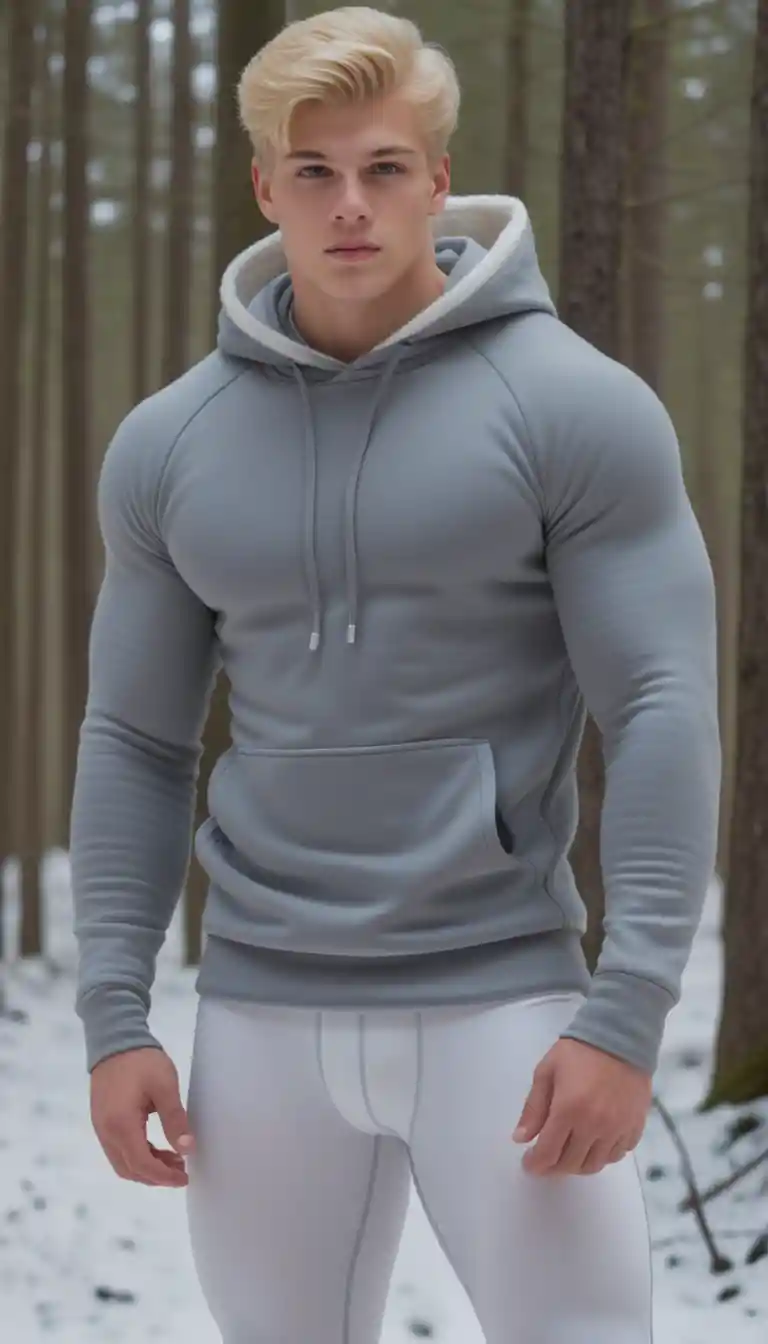 雪地森林中穿著冬季緊身褲的年輕金髮男子