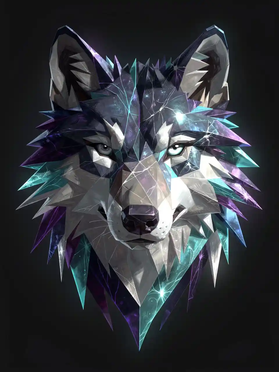 Retrato abstrato geométrico de lobo com planos cristalinos luminosos