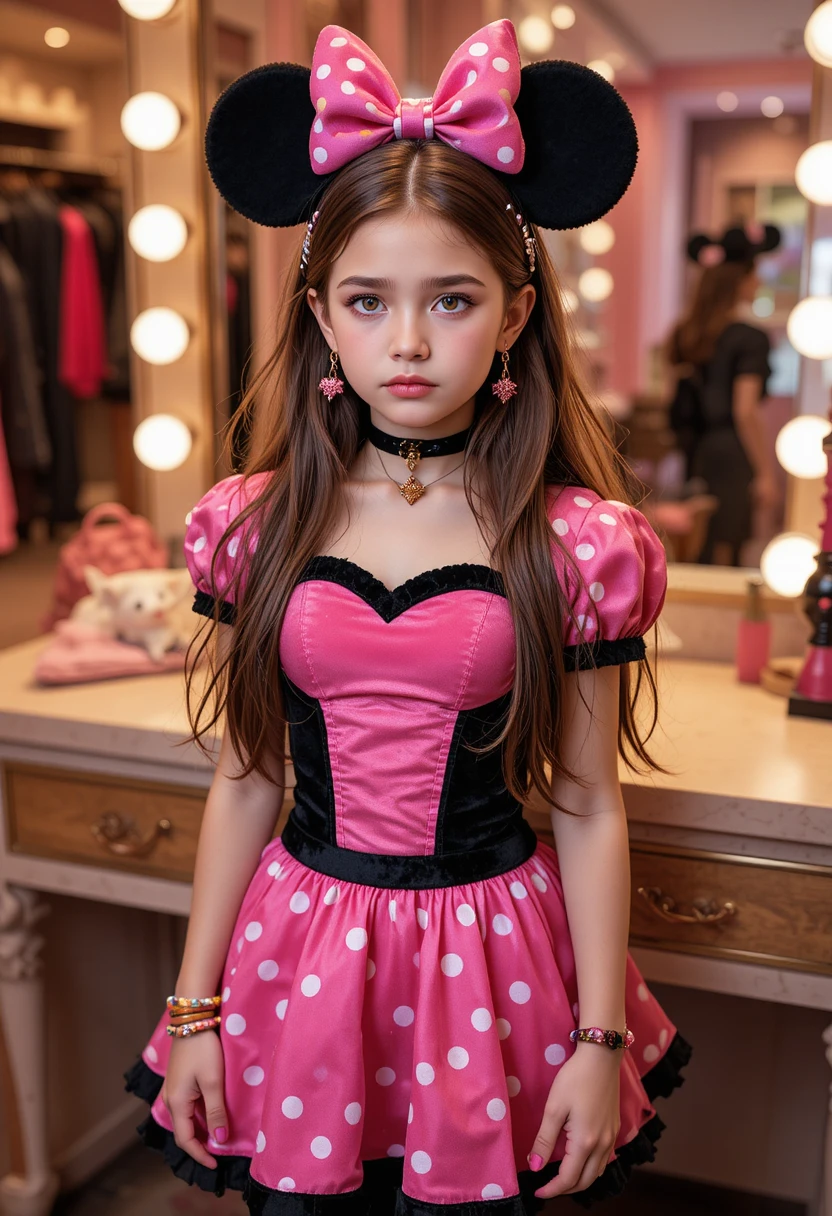 Menino pré-adolescente nervoso fantasiado de Minnie Mouse em boutique