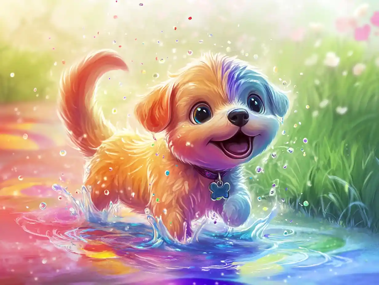 Chiot joyeux éclaboussant dans une flaque arc-en-ciel au jardin
