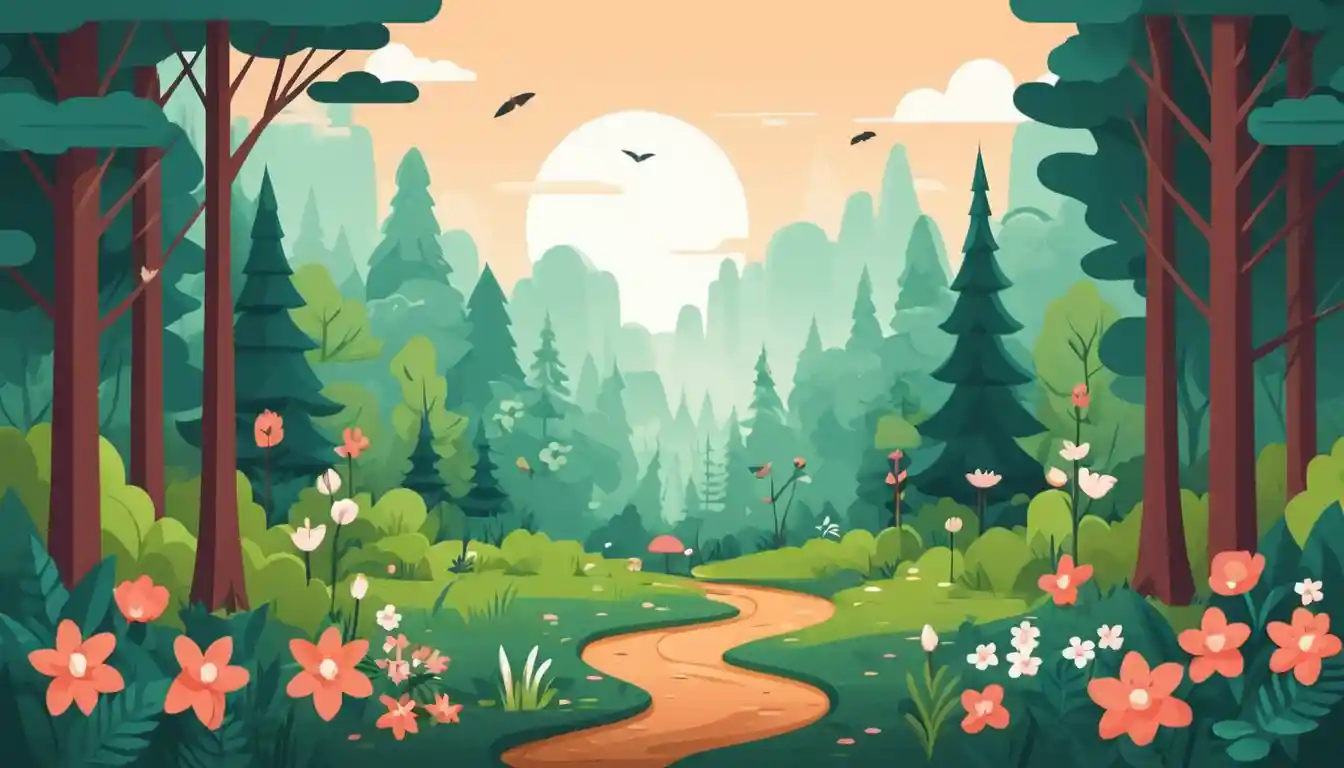 Cena de floresta em flat design com esquilo e flores silvestres
