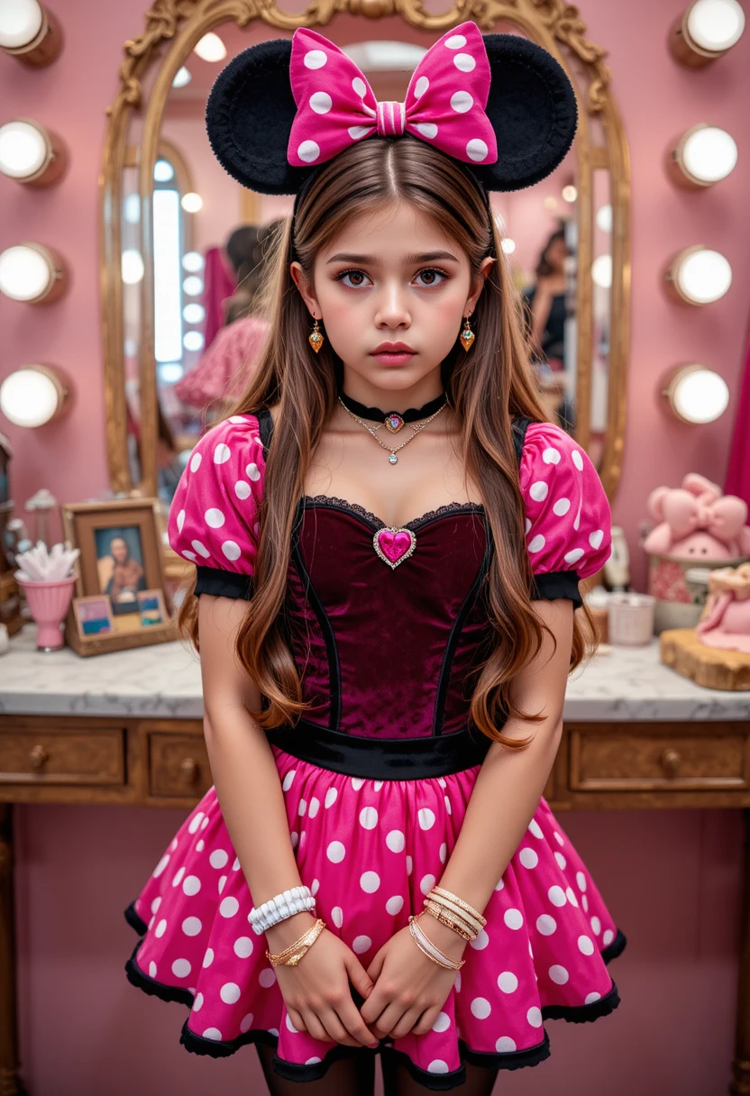 Anxious tween boy in Minnie Mouse costume at boutique vanity