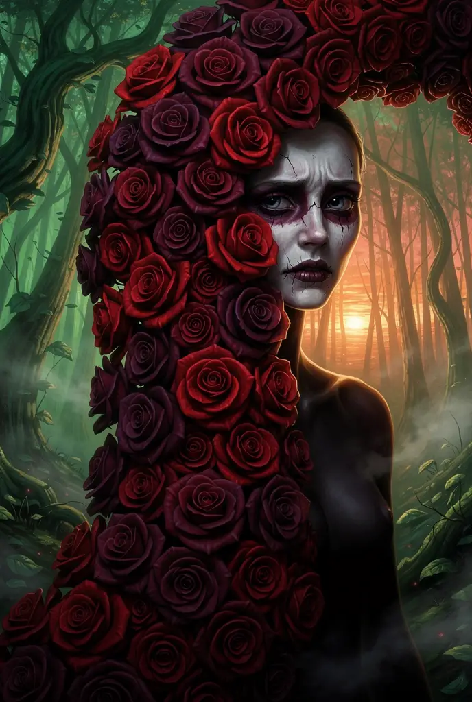 Surreal monster emerging from cascading red rose curtain