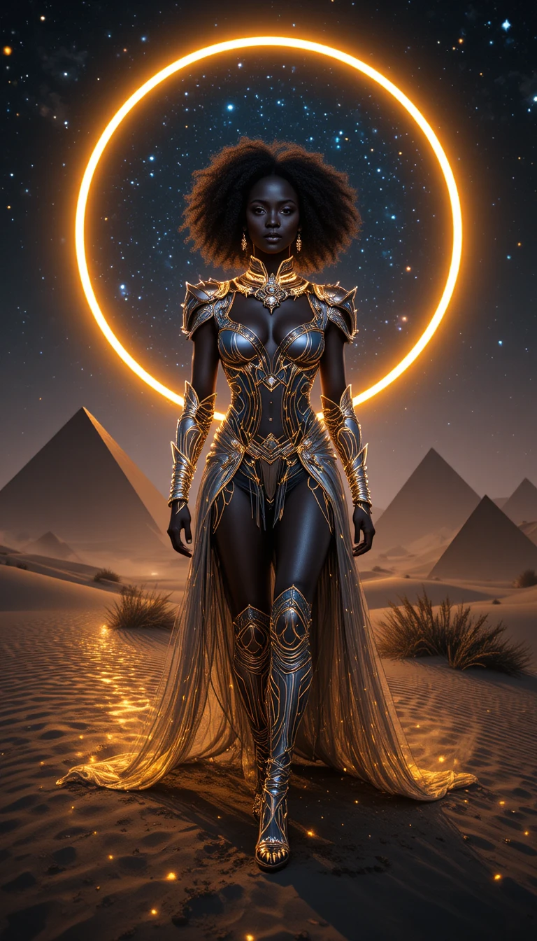 Imperatrice afrofuturista che cammina tra dune di vetro nero luminose