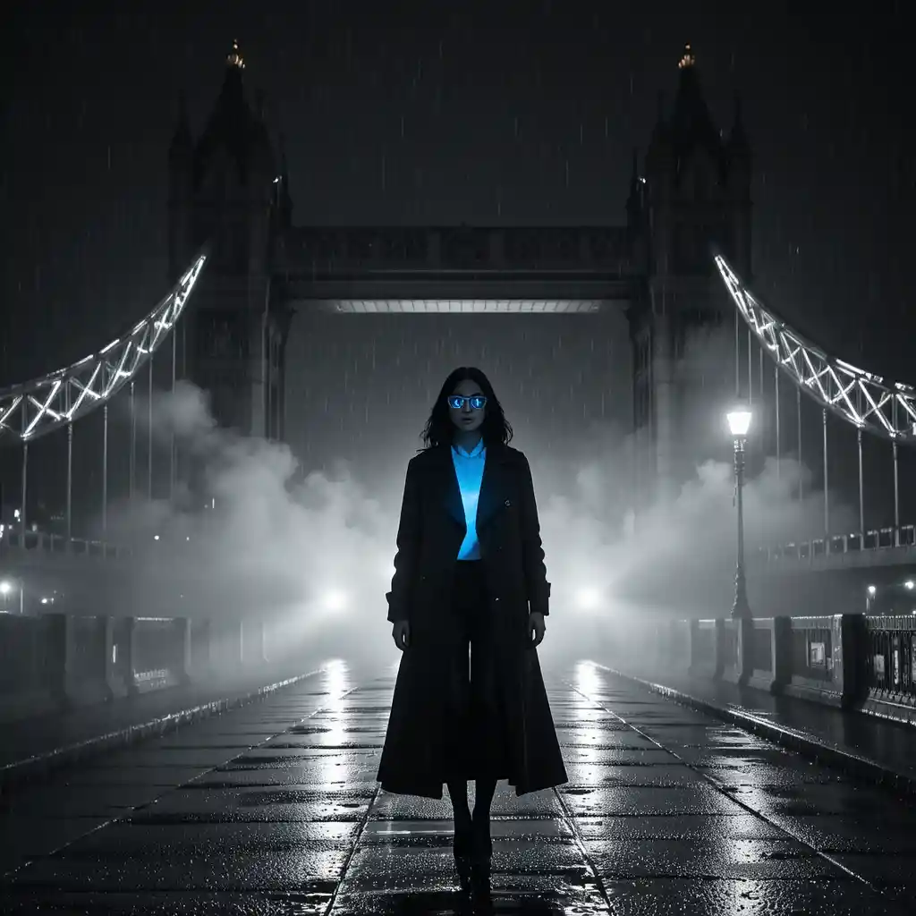 Femme fatale noir sob a ponte encharcada pela chuva à noite
