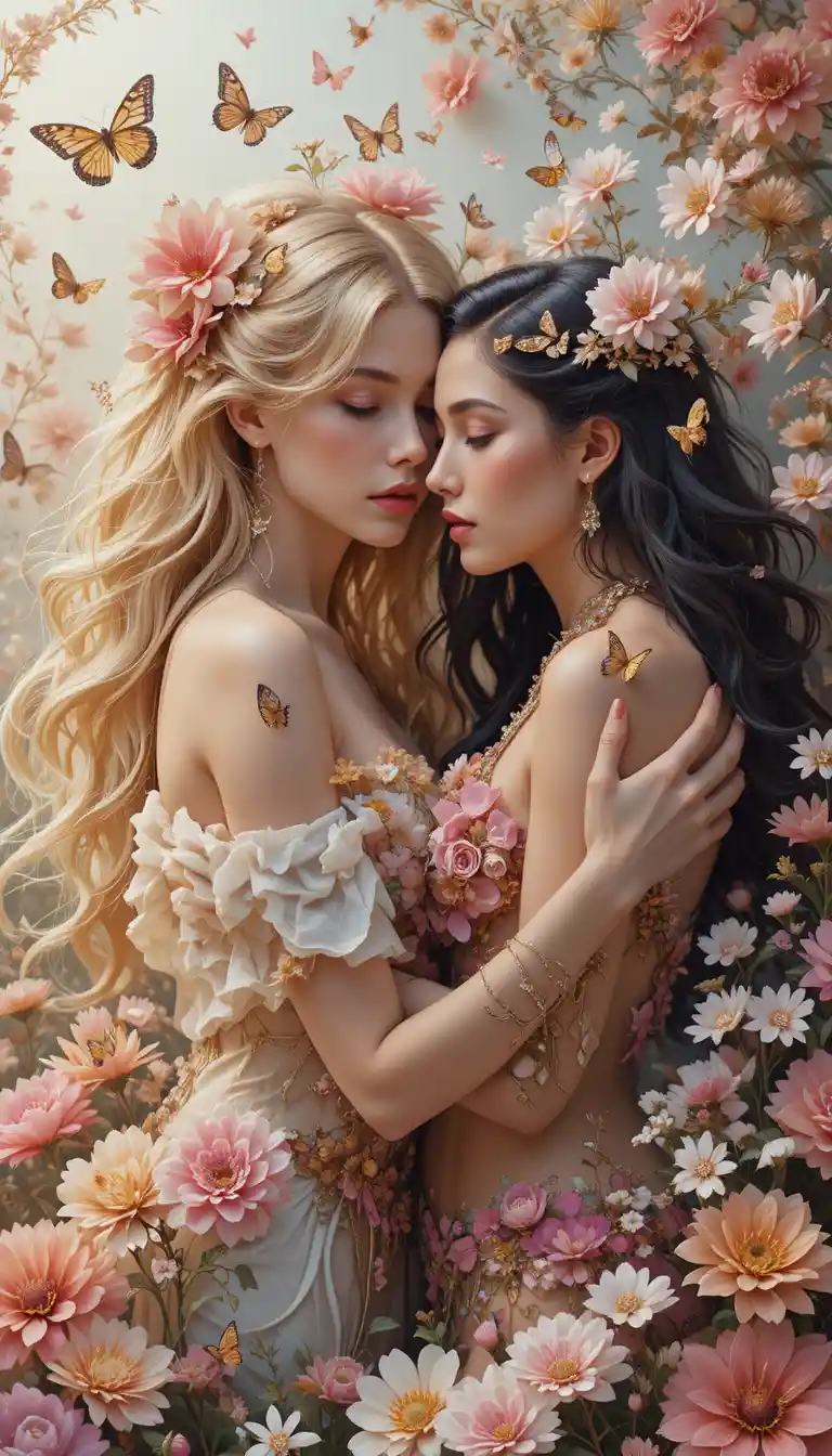 Deux femmes qui s’enlacent, entourées de fleurs et de papillons