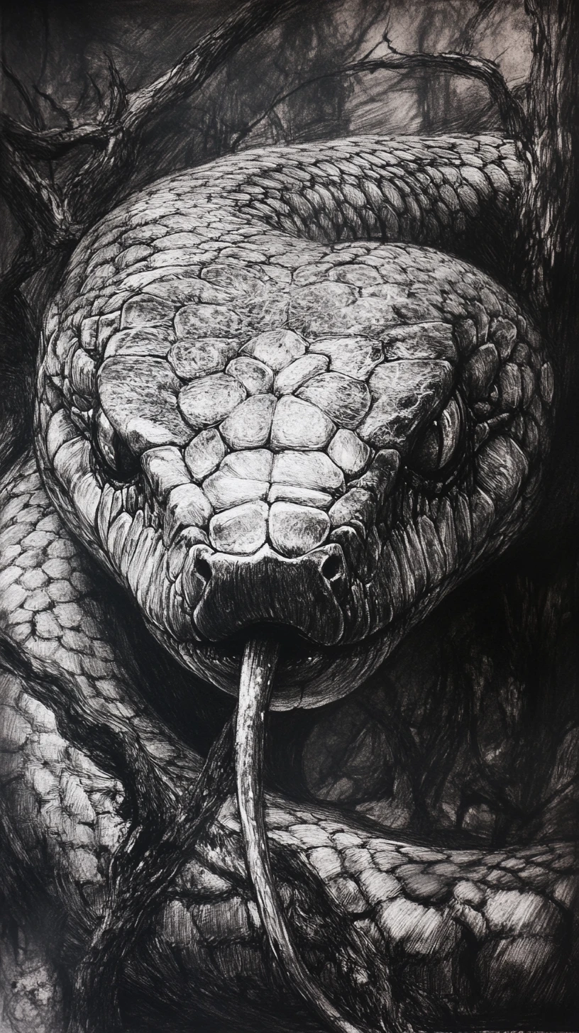 Surreal charcoal portrait of a serpent with enigmatic gaze