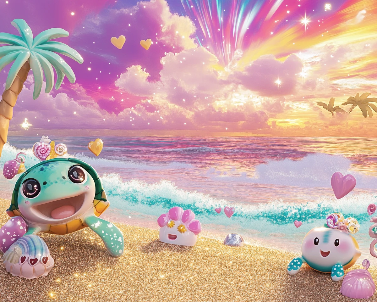 Tortugas marinas kawaii de anime jugando en una brillante playa al atardecer