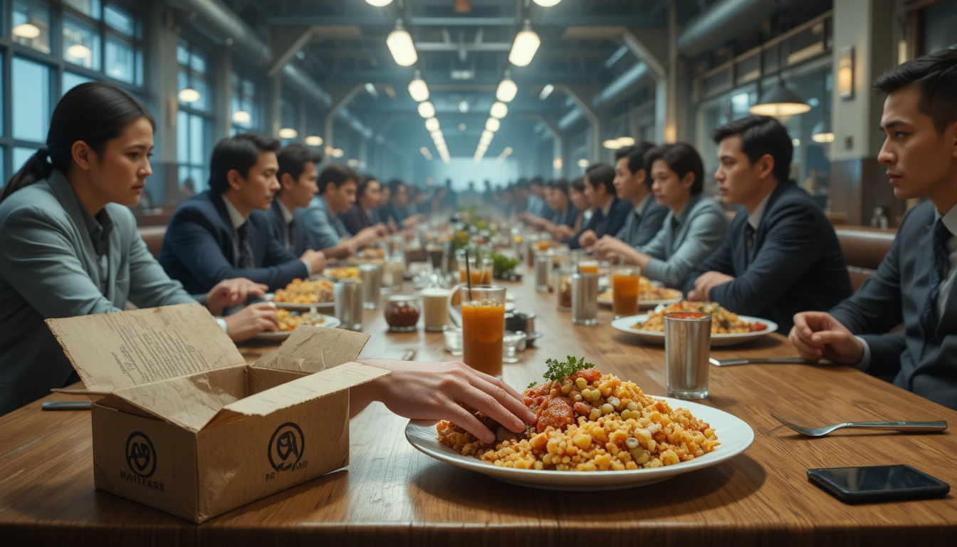 Empresário faz uma pausa sobre refeição simples em restaurante industrial