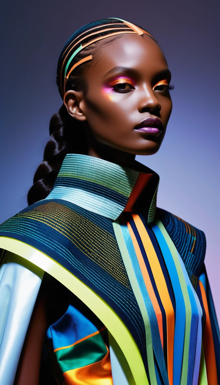 Afrofuturistic woman in glowing high fashion ensemble