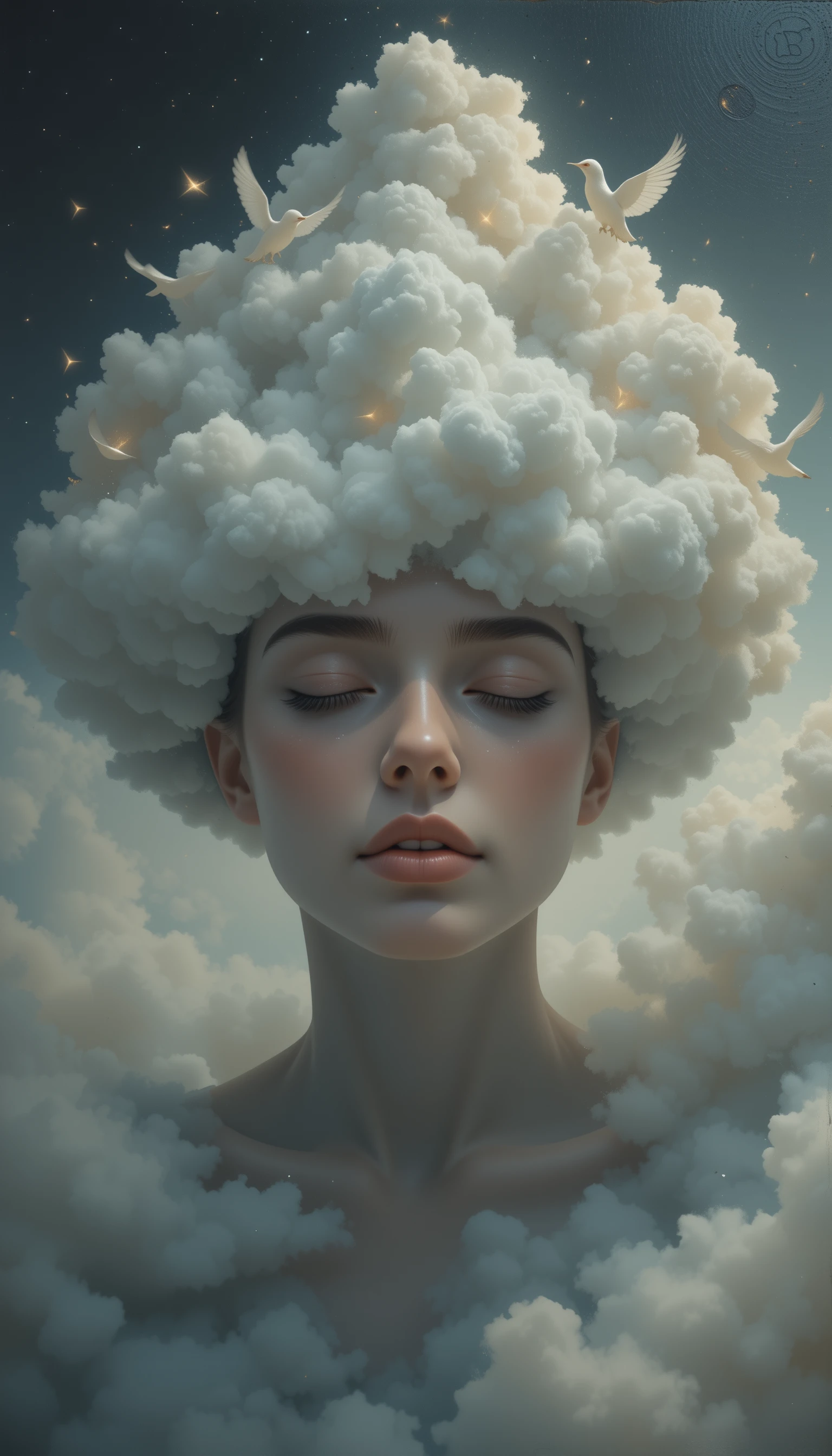Retrato surreal de una persona meditativa con cabeza de nube
