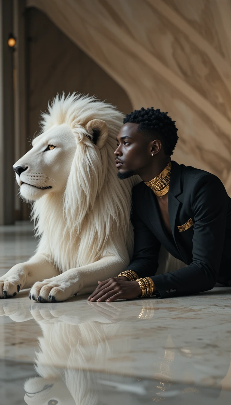 Uomo afrofuturista disteso con un maestoso leone bianco