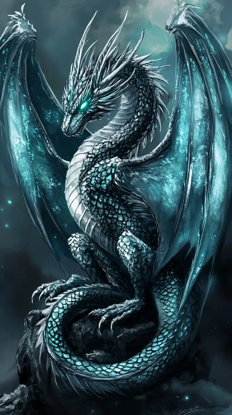 Majestic turquoise dragon with luminous silver catlike eye
