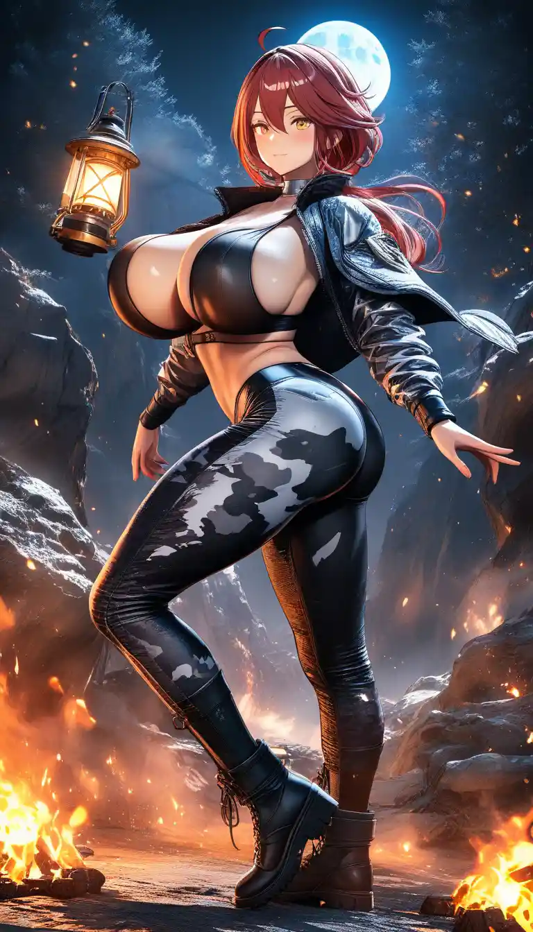 Artemis inspired huntress under the full moon by a campfire
