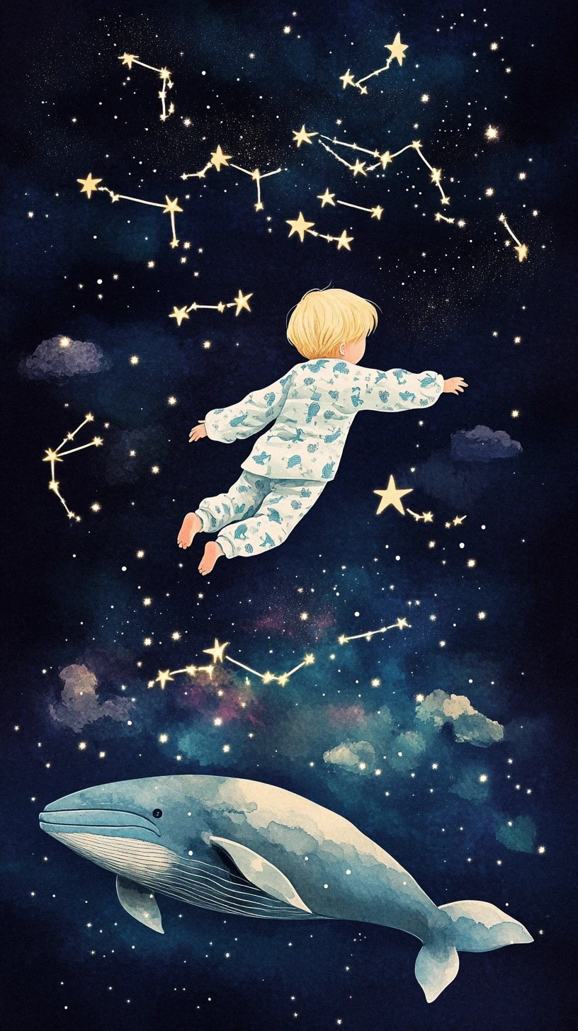 Enfant somnambule traversant les étoiles au-dessus de douces créatures cosmiques