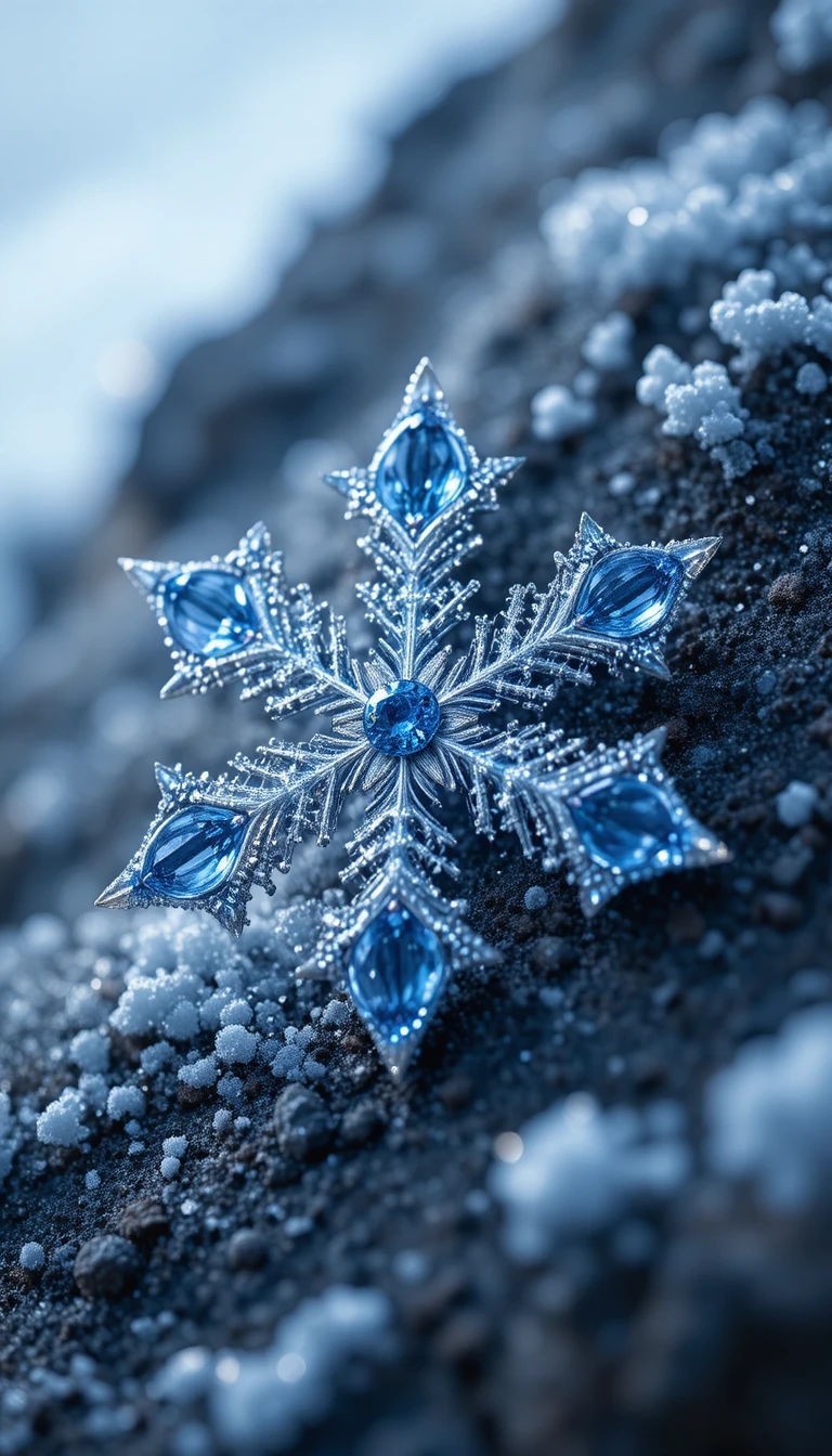 黑暗冬季地面上的精緻雪花特寫